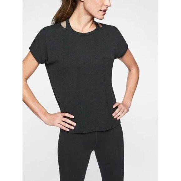 Athleta Black Glimpse Open Neck Short Sleeve Athletic T-Shirt M - Picture 1 of 4